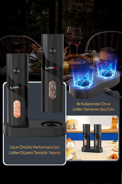 MPIA PG5 Şarjlı Baharat Öğütücü 2’li 110 ml LED Paslanmaz Çelik Bıçak Tuz Karabiber Öğütücü