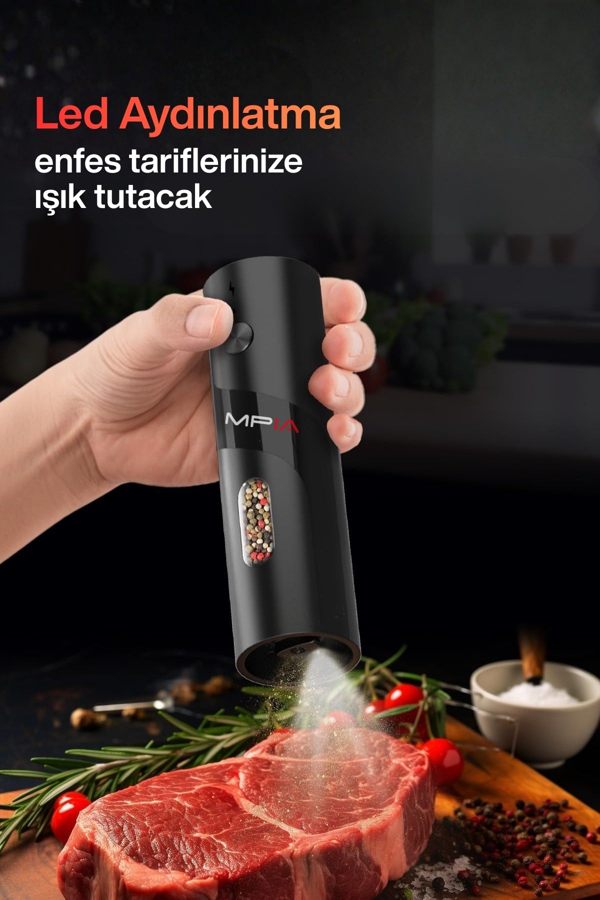 MPIA PG5 Şarjlı Baharat Öğütücü 2’li 110 ml LED Paslanmaz Çelik Bıçak Tuz Karabiber Öğütücü