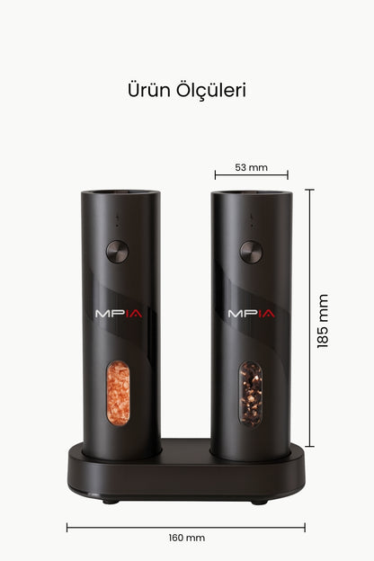 MPIA PG5 Şarjlı Baharat Öğütücü 2’li 110 ml LED Paslanmaz Çelik Bıçak Tuz Karabiber Öğütücü