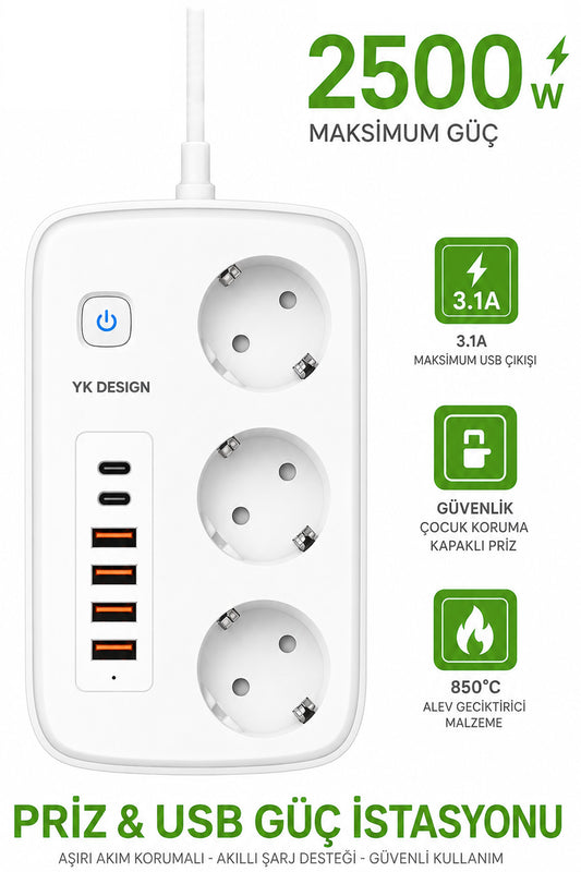 3'lü Priz 2 metre Kablolu - 4 USB - 2 Type-C Grup Priz Çoklayıcı Çocuk Koruma Priz 2m Kablo 2500W