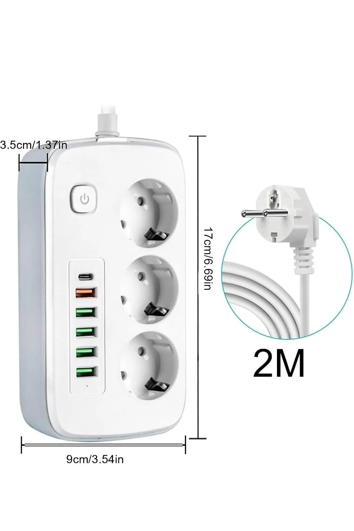 3'lü Priz 2 metre Kablolu - 4 USB - 2 Type-C Grup Priz Çoklayıcı Çocuk Koruma Priz 2m Kablo 2500W