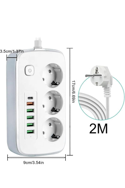 3'lü Priz 2 metre Kablolu - 4 USB - 2 Type-C Grup Priz Çoklayıcı Çocuk Koruma Priz 2m Kablo 2500W