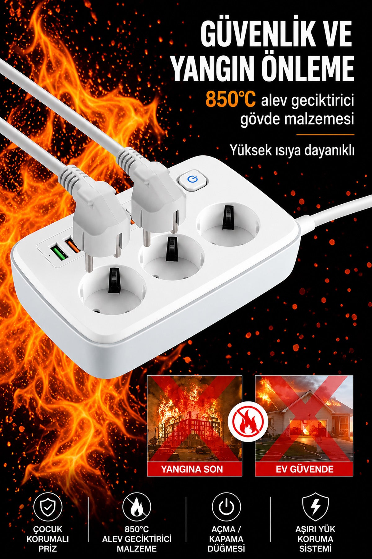 3'lü Priz 2 metre Kablolu - 4 USB - 2 Type-C Grup Priz Çoklayıcı Çocuk Koruma Priz 2m Kablo 2500W