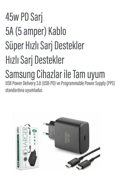 Samsung Galaxy Tab S7 / Fe / Plus / 5G / Wifi ile Uyumlu Şarj Aleti 45W Süper Hızlı Şarj