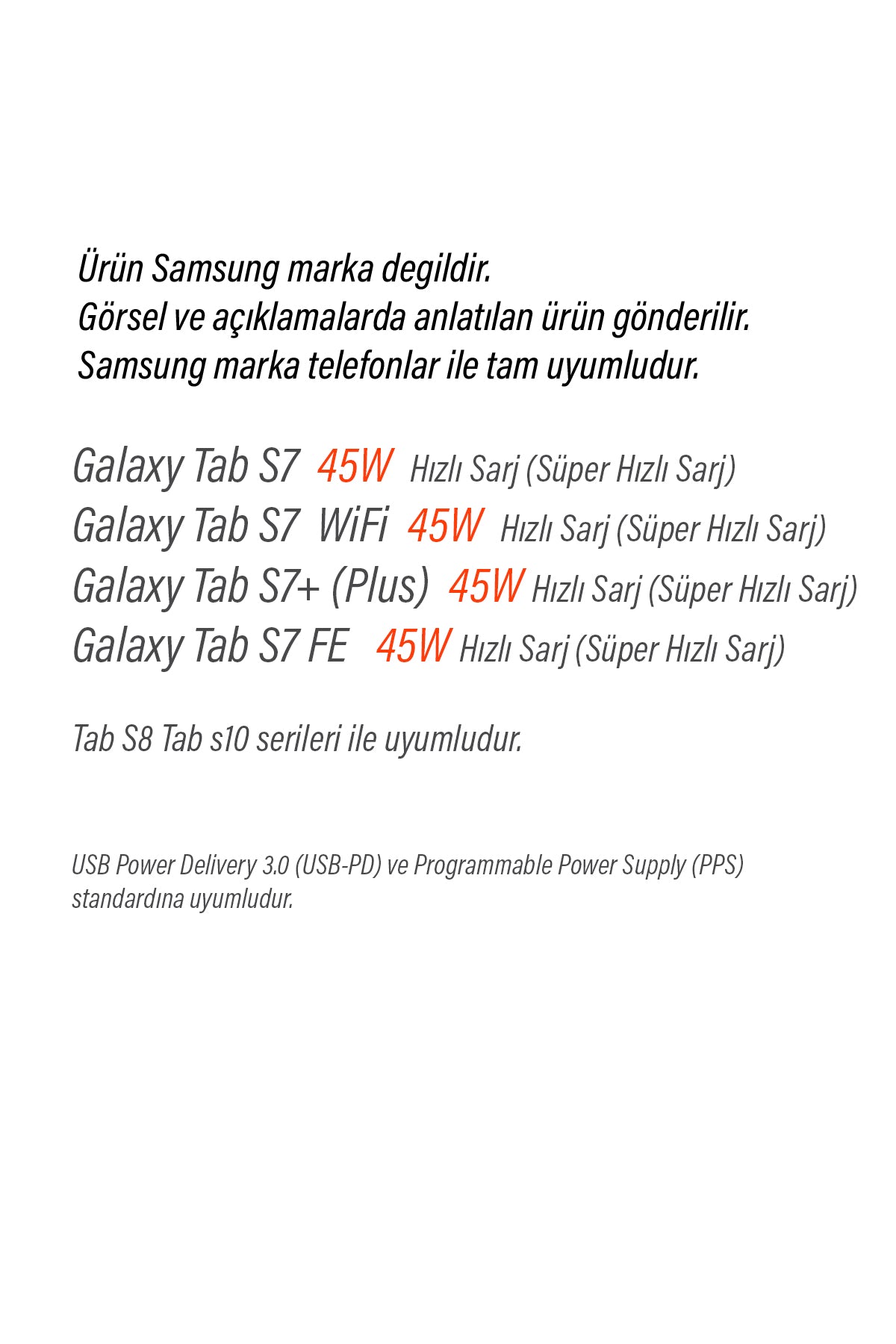 Samsung Galaxy Tab S7 / Fe / Plus / 5G / Wifi ile Uyumlu Şarj Aleti 45W Süper Hızlı Şarj