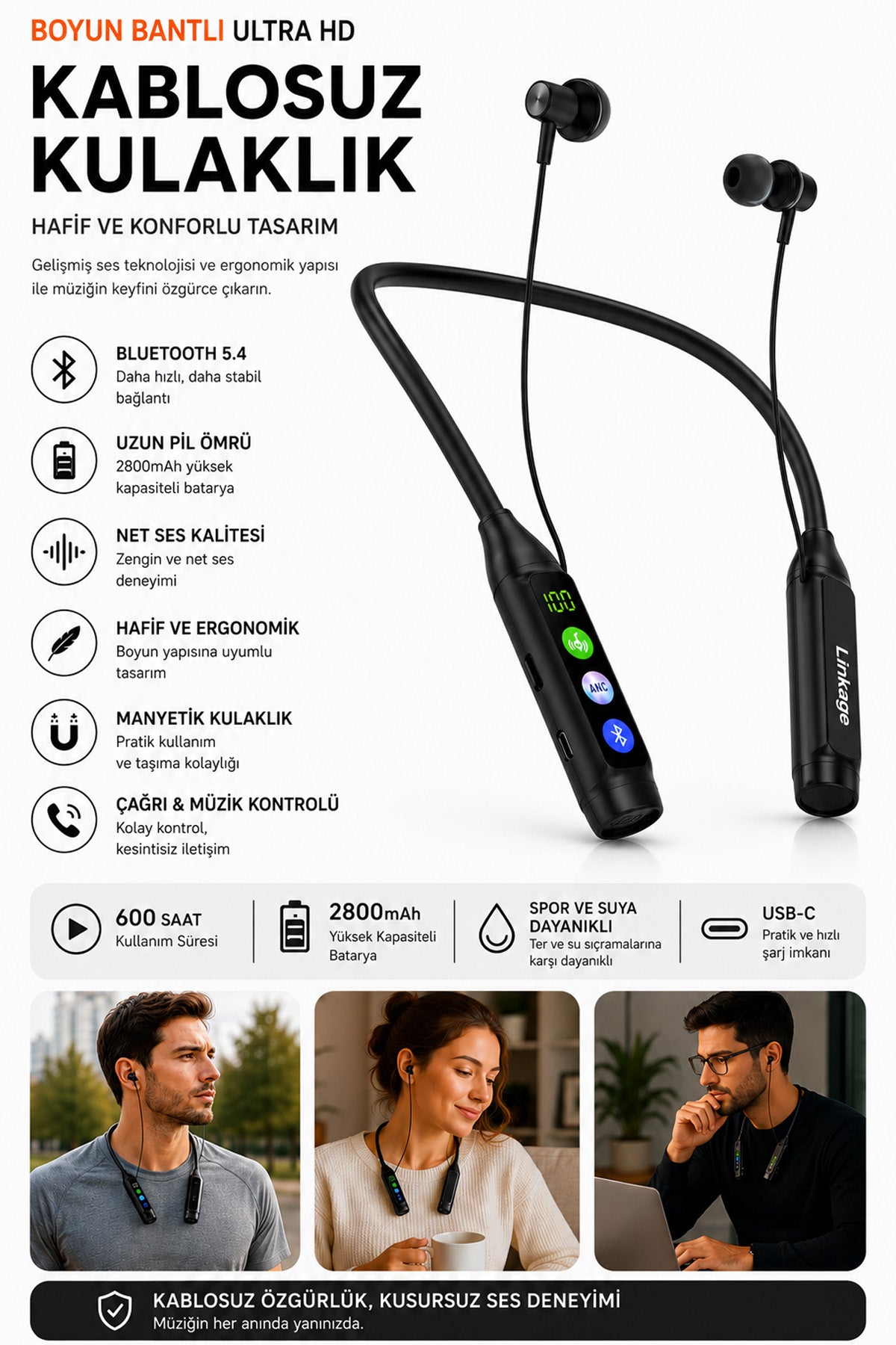 Boyun Bantlı Ultra HD Bluetooth Kablosuz Kulaklık | Type-C | Dijital Ekran | TF Kart | 2800 mAh 600 Saat