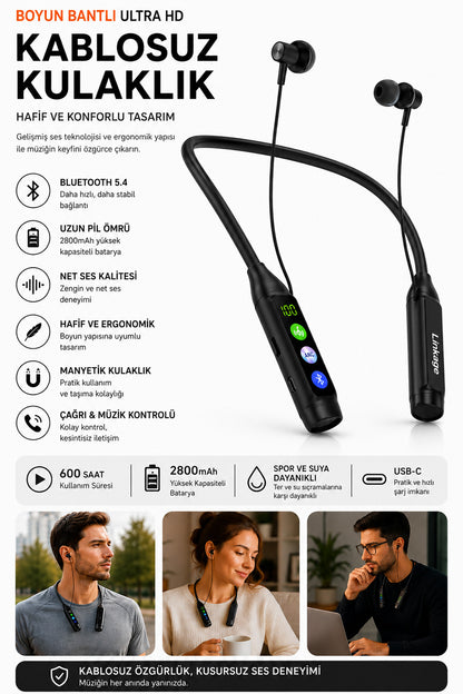 Boyun Bantlı Ultra HD Bluetooth Kablosuz Kulaklık | Type-C | Dijital Ekran | TF Kart | 2800 mAh 600 Saat
