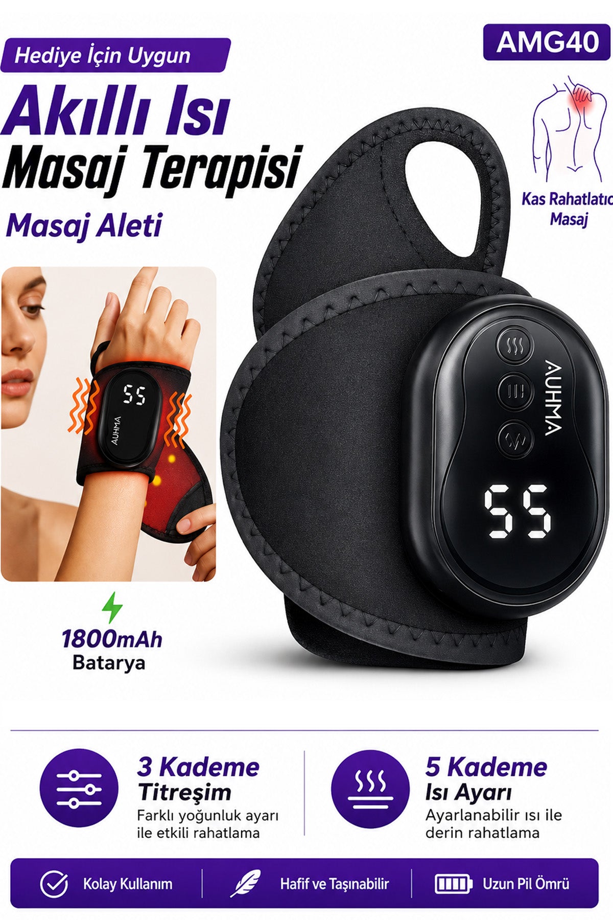 Isıtmalı El Bilek Masaj Aleti 5 Isı Kademeli Titreşimli Masaj Pedi 1800mAh Auhma AMG40 LCD Ekran
