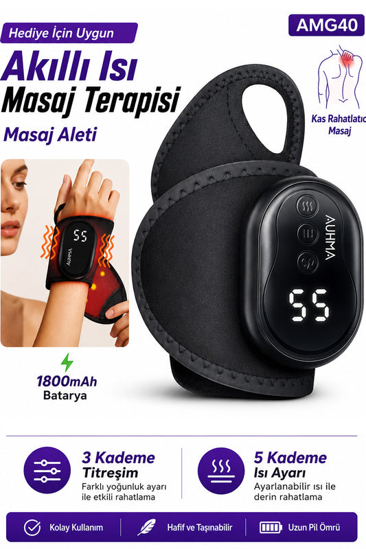 Isıtmalı El Bilek Masaj Aleti 5 Isı Kademeli Titreşimli Masaj Pedi 1800mAh Auhma AMG40 LCD Ekran
