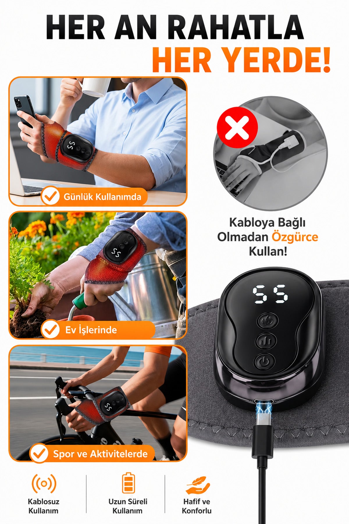 Isıtmalı El Bilek Masaj Aleti 5 Isı Kademeli Titreşimli Masaj Pedi 1800mAh Auhma AMG40 LCD Ekran