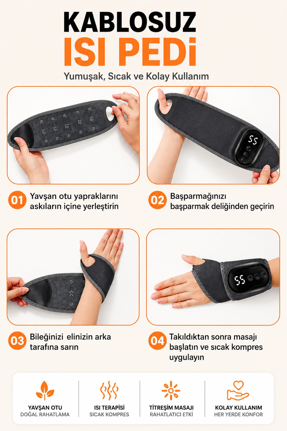 Isıtmalı El Bilek Masaj Aleti 5 Isı Kademeli Titreşimli Masaj Pedi 1800mAh Auhma AMG40 LCD Ekran