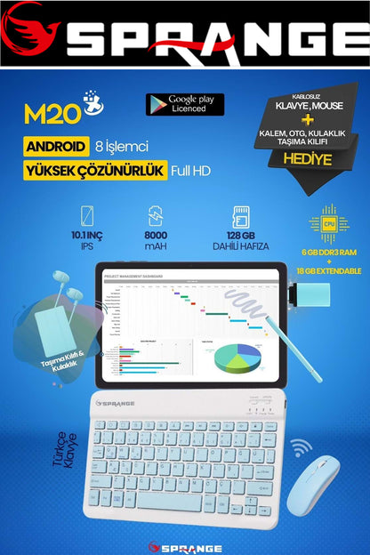 Sprange M20 Plus 10,1" IPS Ekran 8 Çekirdekli 6GB Ram 128GB Dahili Hafıza PC Tablet Kablosuz Klavye Mouse Hediyeli