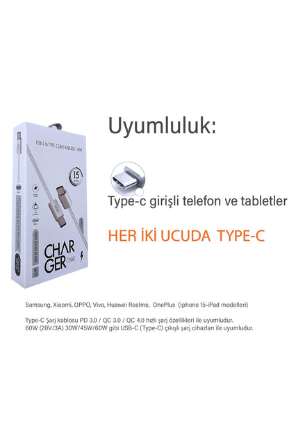 Samsung A53 A54 A55 A56 A57 Hızlı Şarj Kablosu Type-C - Type-C Şarj Kablosu 60W