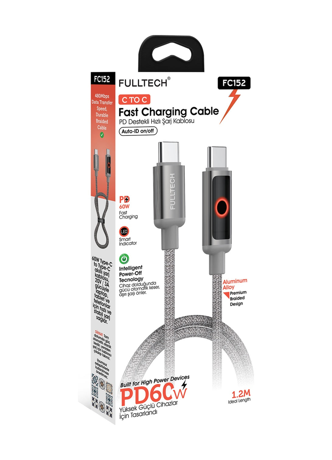Samsung Telefon Uyumlu Type-c Süper Hızlı Şarj PD 60w 1.2m 480mbps Data Transfer Led Fulltech Fc152