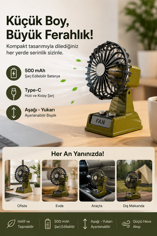 Şarjlı Masaüstü Mini Vantilatör Retro Tasarım 2 Kademeli Mini Fan 500 mAh Taşınabilir Fan