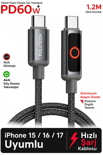 Type-c Hızlı Şarj Kablosu PD 60w iPhone 15 16 17 Pro Pro Max Plus Uyumlu 480mbps Data Transfer Led