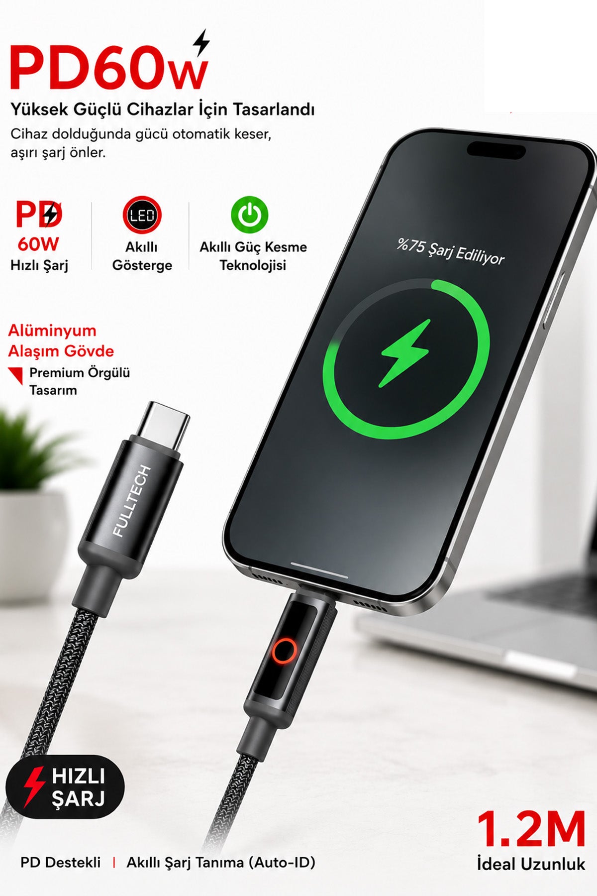 Type-c Hızlı Şarj Kablosu PD 60w iPhone 15 16 17 Pro Pro Max Plus Uyumlu 480mbps Data Transfer Led