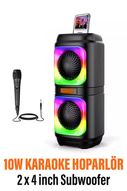 Bluetooth Hoparlör 10W Speaker TWS Kablolu Karaoke Mikrofon 2x4inç RGB Işıklı 1500mAh Batarya BLS-48