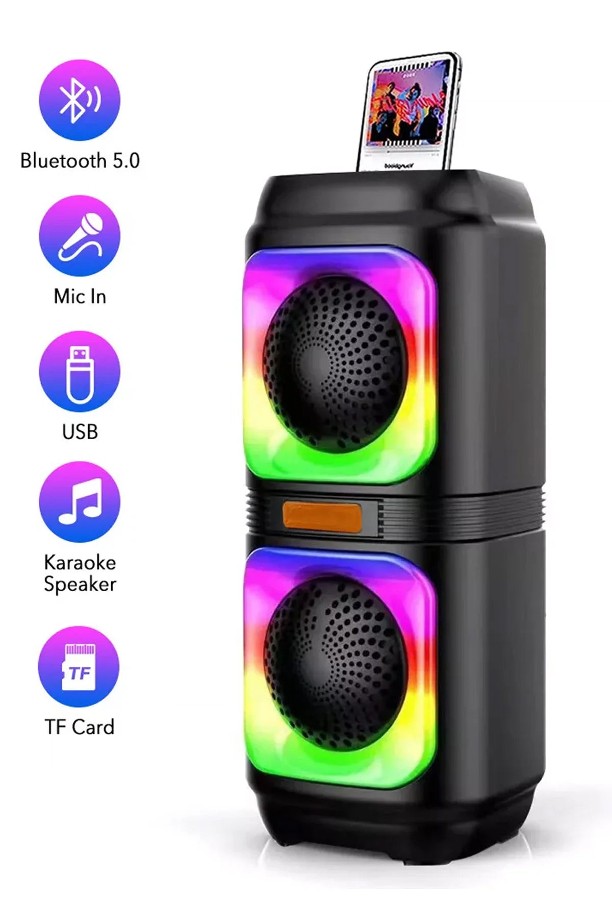 Bluetooth Hoparlör 10W Speaker TWS Kablolu Karaoke Mikrofon 2x4inç RGB Işıklı 1500mAh Batarya BLS-48