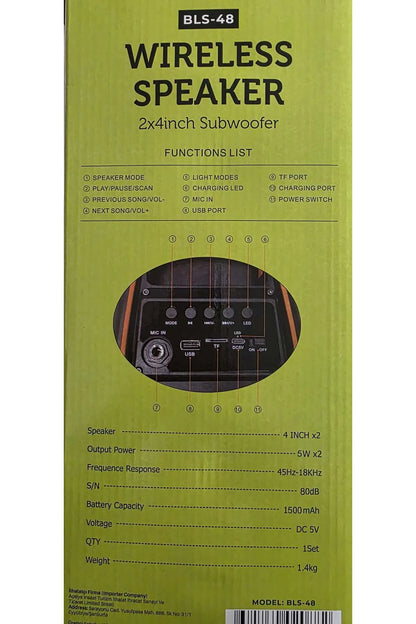 Bluetooth Hoparlör 10W Speaker TWS Kablolu Karaoke Mikrofon 2x4inç RGB Işıklı 1500mAh Batarya BLS-48