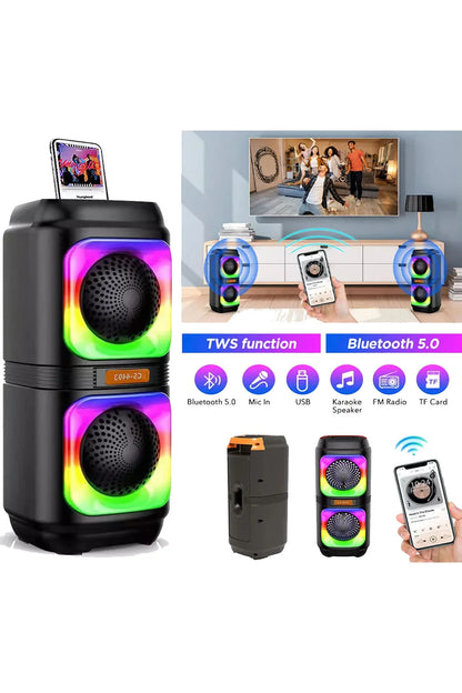Bluetooth Hoparlör 10W Speaker TWS Kablolu Karaoke Mikrofon 2x4inç RGB Işıklı 1500mAh Batarya BLS-48
