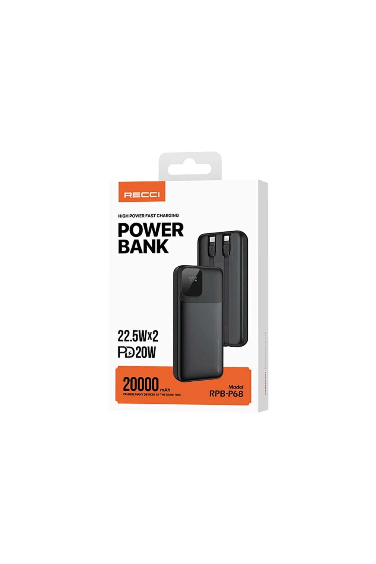 20000mAh Powerbank 22.5W Hızlı Şarj Type-C PD 20W Lightning Kablo Şarj Göstergeli RECCI RPB-P68