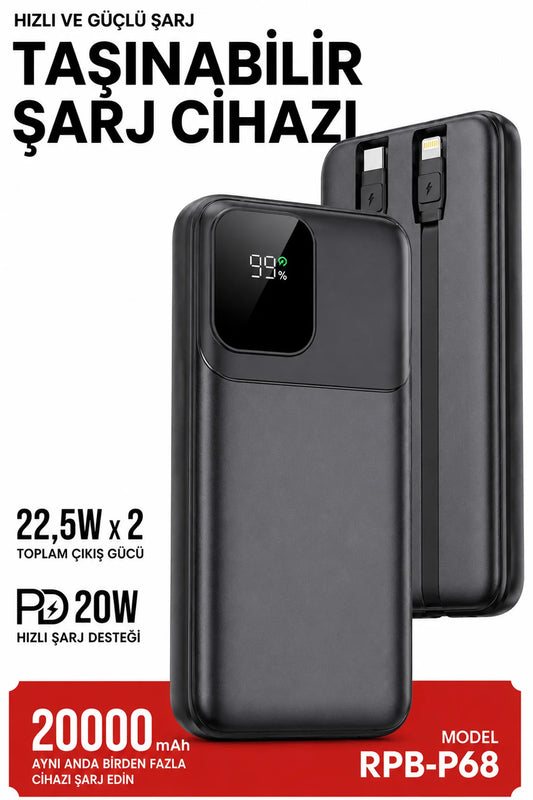 20000mAh Powerbank 22.5W Hızlı Şarj Type-C PD 20W Lightning Kablo Şarj Göstergeli RECCI RPB-P68