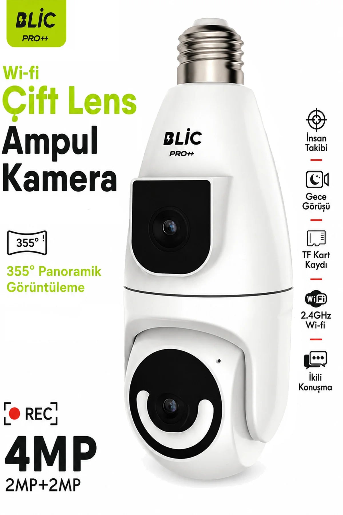 Ampul Kamera 2.4G Wifi Bağlantılı Çift Lensli 1080p Çözünürlüklü 2+2 4mp HD 355° Panoramik IP Kamera