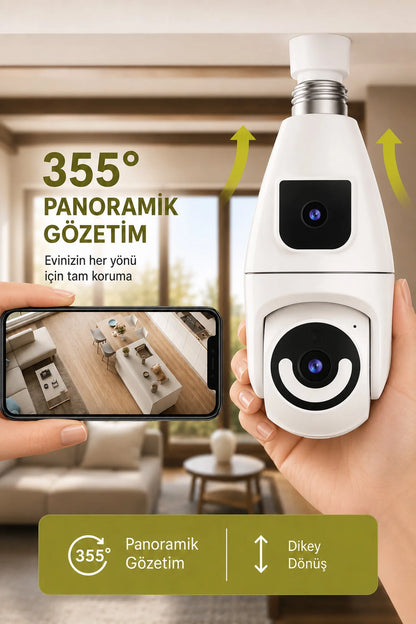Ampul Kamera 2.4G Wifi Bağlantılı Çift Lensli 1080p Çözünürlüklü 2+2 4mp HD 355° Panoramik IP Kamera