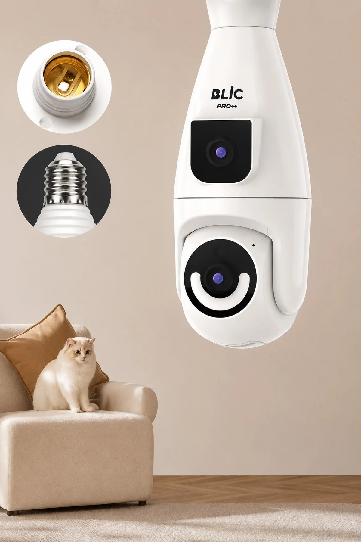 Ampul Kamera 2.4G Wifi Bağlantılı Çift Lensli 1080p Çözünürlüklü 2+2 4mp HD 355° Panoramik IP Kamera