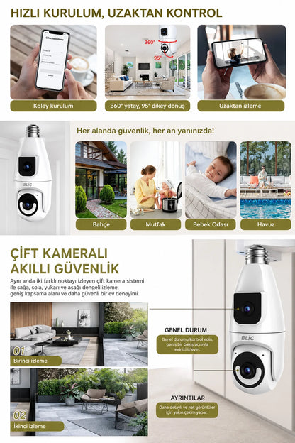 Ampul Kamera 2.4G Wifi Bağlantılı Çift Lensli 1080p Çözünürlüklü 2+2 4mp HD 355° Panoramik IP Kamera