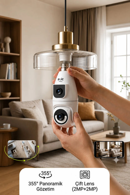 Ampul Kamera 2.4G Wifi Bağlantılı Çift Lensli 1080p Çözünürlüklü 2+2 4mp HD 355° Panoramik IP Kamera