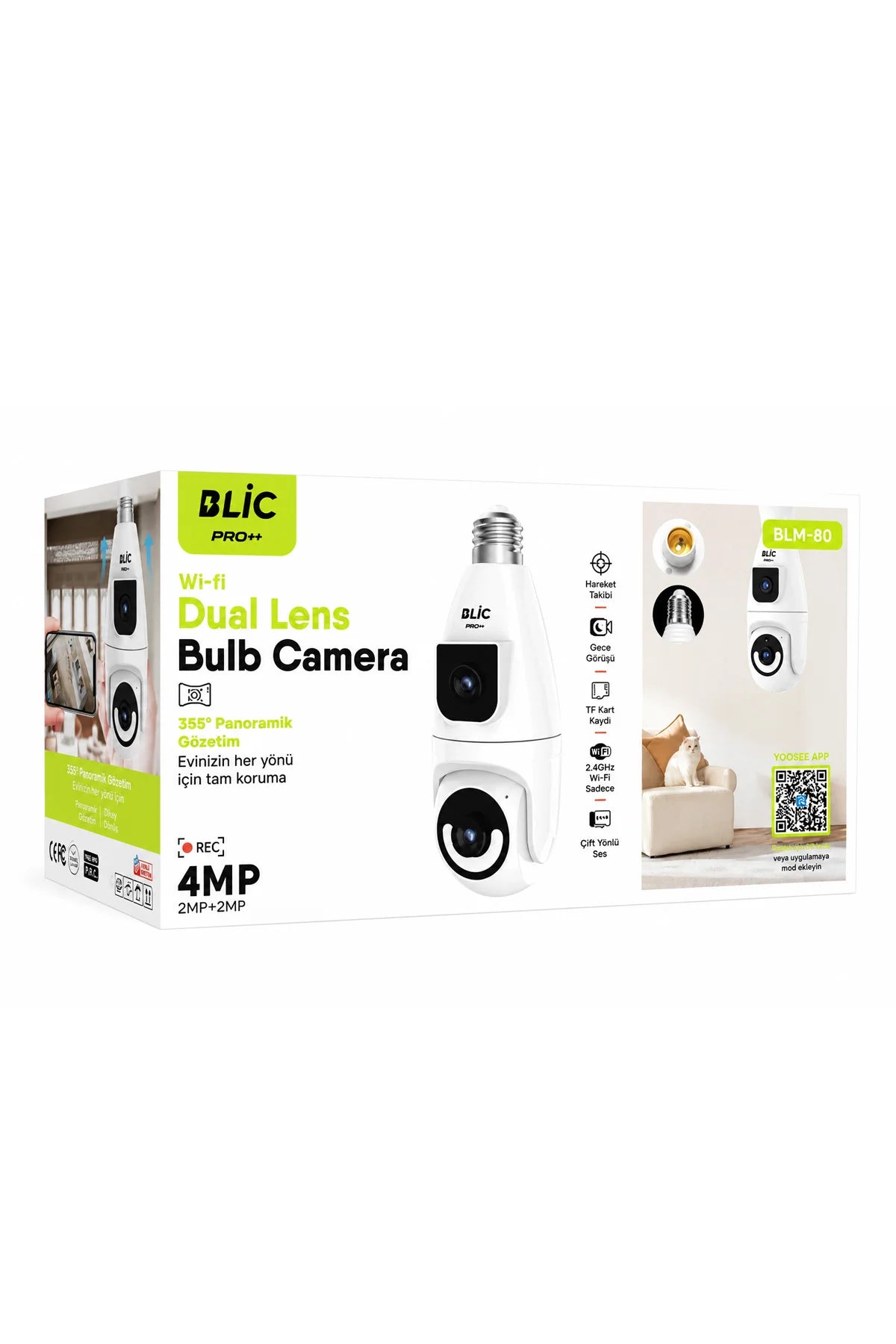 Ampul Kamera 2.4G Wifi Bağlantılı Çift Lensli 1080p Çözünürlüklü 2+2 4mp HD 355° Panoramik IP Kamera