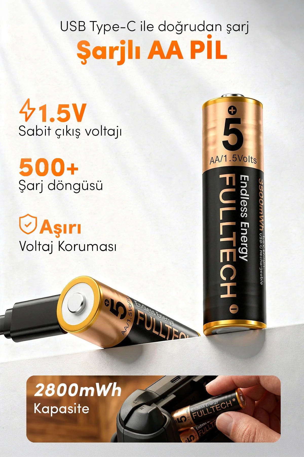 FP28 Şarjlı AA Pil 2800mWh 1.5V Type-C Lithium-ion Rechargeable Battery 2’li Paket Hızlı Şa
