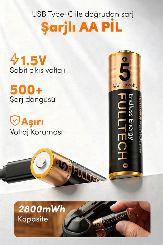FP28 Şarjlı AA Pil 2800mWh 1.5V Type-C Lithium-ion Rechargeable Battery 2’li Paket Hızlı Şa