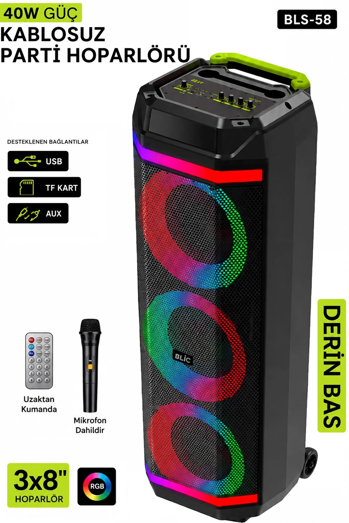 Büyük Boy Bluetooth Hoparlör 40W 3x8" RGB LED Kablosuz Mikrofonlu Karaoke Hoparlör Parti Ses Sistemi