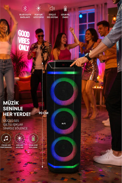 Büyük Boy Bluetooth Hoparlör 40W 3x8" RGB LED Kablosuz Mikrofonlu Karaoke Hoparlör Parti Ses Sistemi