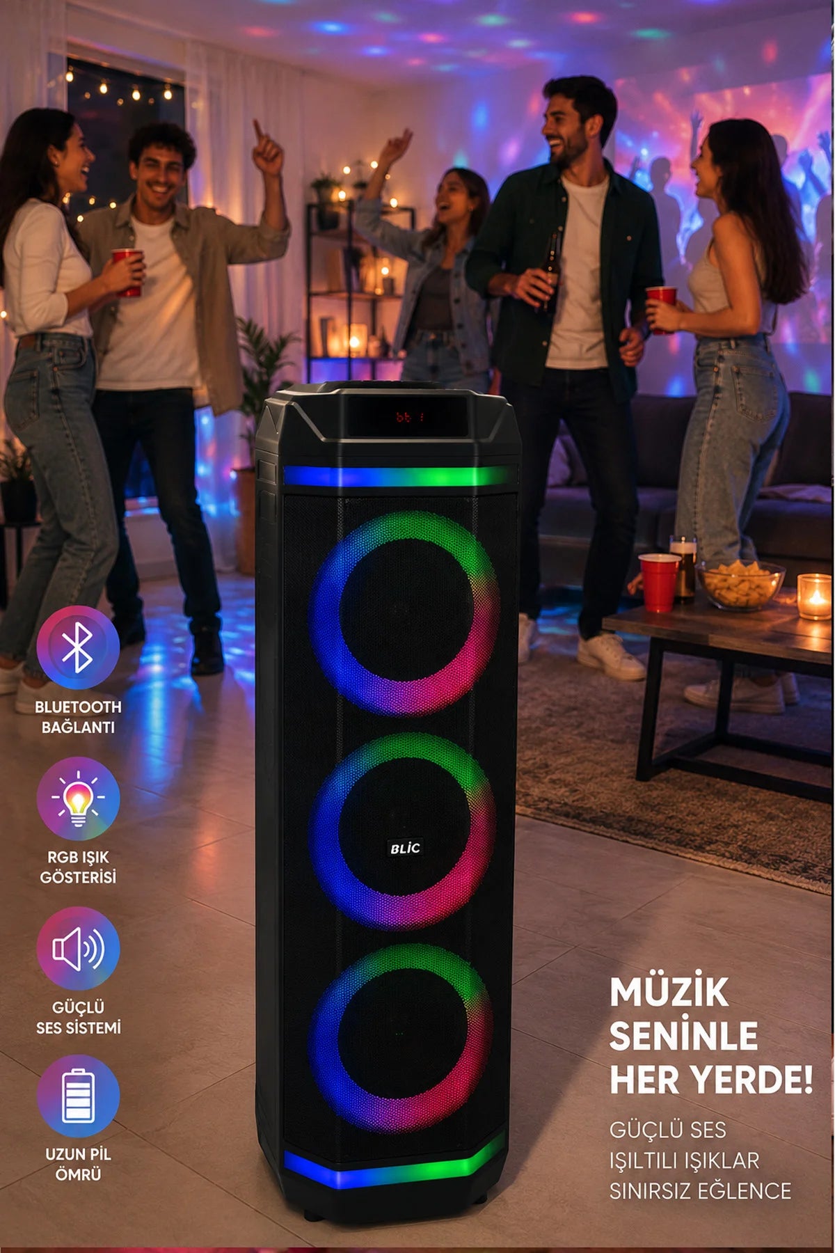 Büyük Boy Bluetooth Hoparlör 40W 3x8" RGB LED Kablosuz Mikrofonlu Karaoke Hoparlör Parti Ses Sistemi