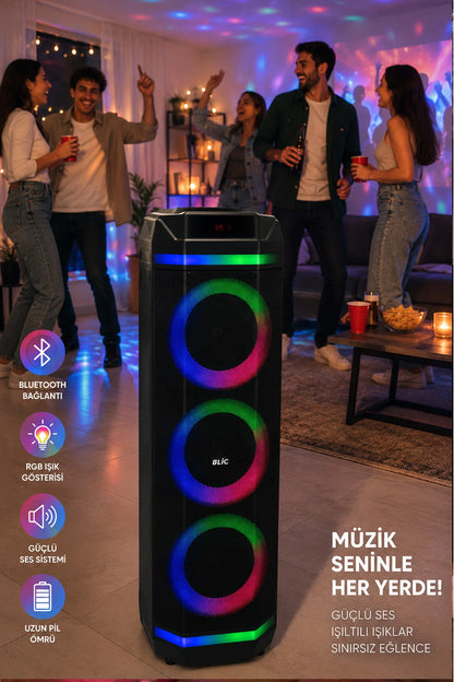 Büyük Boy Bluetooth Hoparlör 40W 3x8" RGB LED Kablosuz Mikrofonlu Karaoke Hoparlör Parti Ses Sistemi
