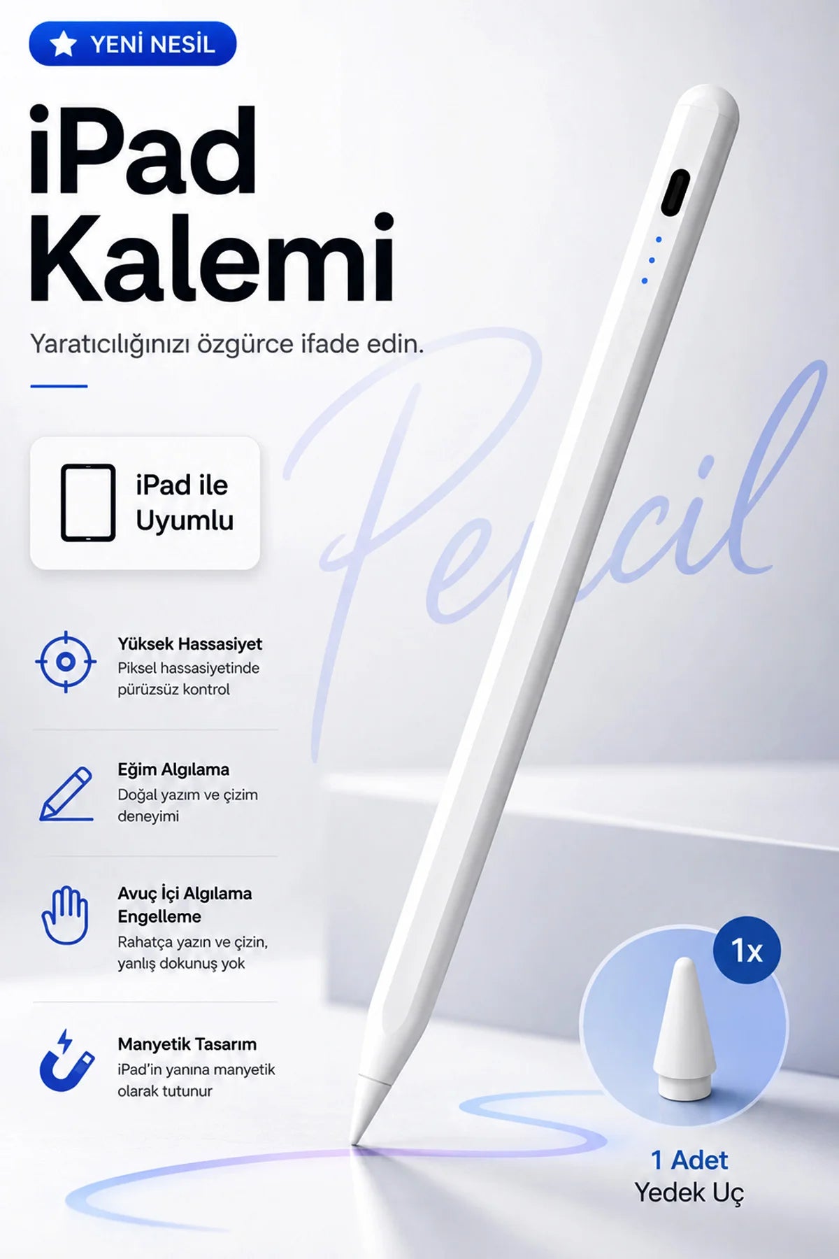 iPad Tablet Kalemi Manyetik Stylus Pen Eğim Sensörlü Avuç İçi Engelleme USB-C Şarjlı 1 Yedek Uç