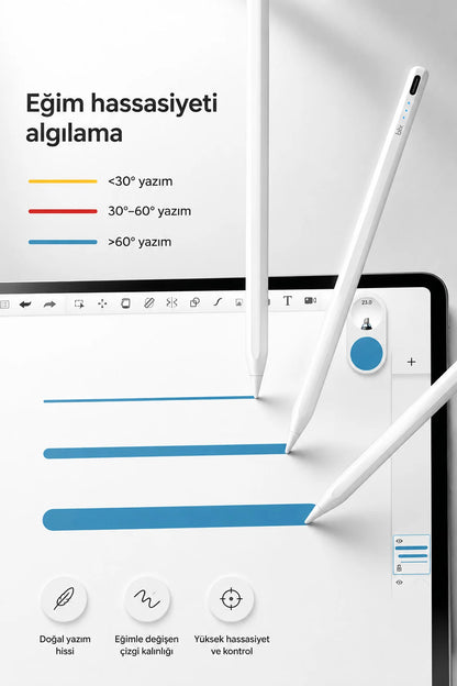 iPad Tablet Kalemi Manyetik Stylus Pen Eğim Sensörlü Avuç İçi Engelleme USB-C Şarjlı 1 Yedek Uç