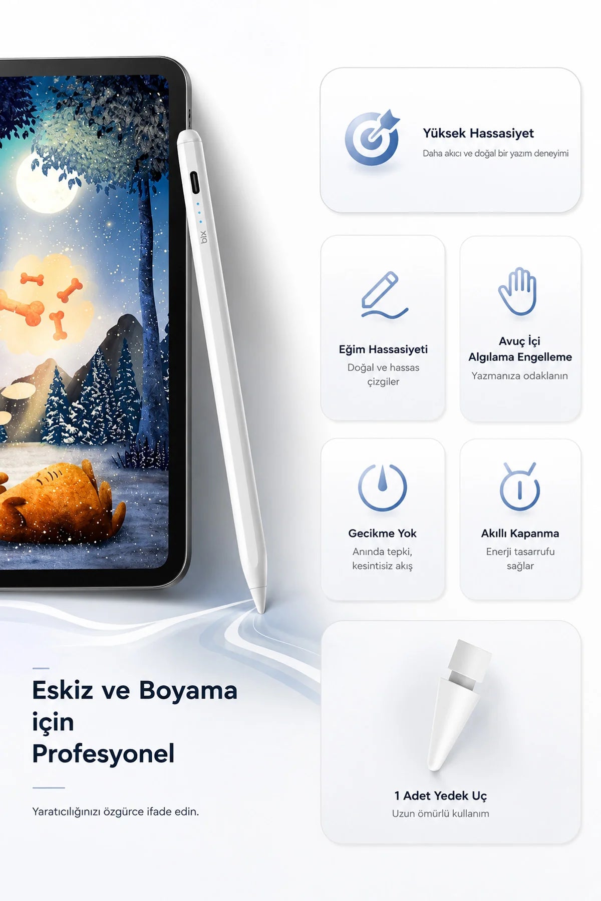 iPad Tablet Kalemi Manyetik Stylus Pen Eğim Sensörlü Avuç İçi Engelleme USB-C Şarjlı 1 Yedek Uç