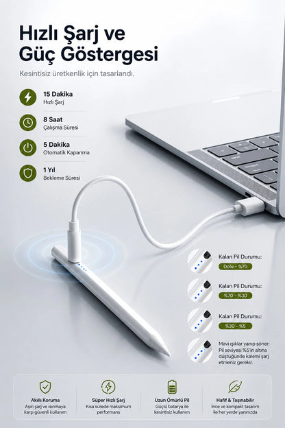 iPad Tablet Kalemi Manyetik Stylus Pen Eğim Sensörlü Avuç İçi Engelleme USB-C Şarjlı 1 Yedek Uç