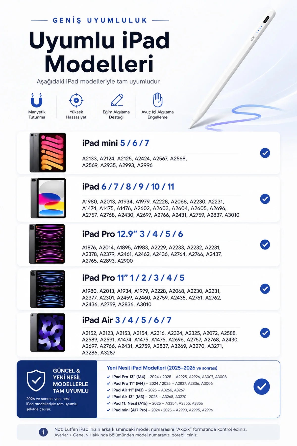 iPad Tablet Kalemi Manyetik Stylus Pen Eğim Sensörlü Avuç İçi Engelleme USB-C Şarjlı 1 Yedek Uç