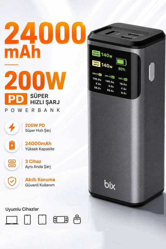 24000mAh 200W Powerbank 140W USB-C Çıkış Dijital Ekran 3 Port Laptop Telefon Taşınabilir Şarj Cihazı