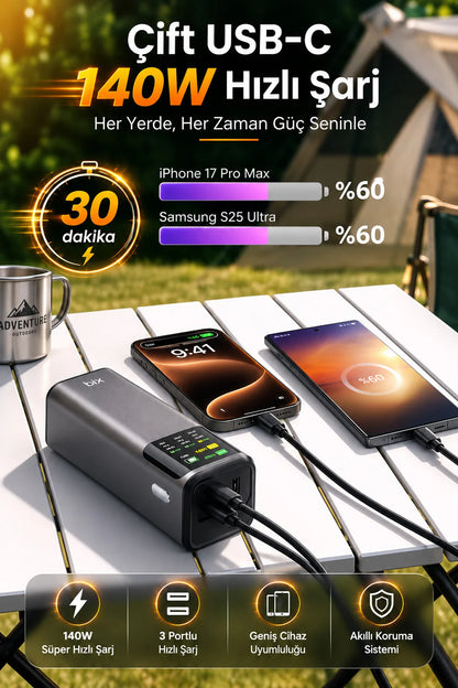 24000mAh 200W Powerbank 140W USB-C Çıkış Dijital Ekran 3 Port Laptop Telefon Taşınabilir Şarj Cihazı