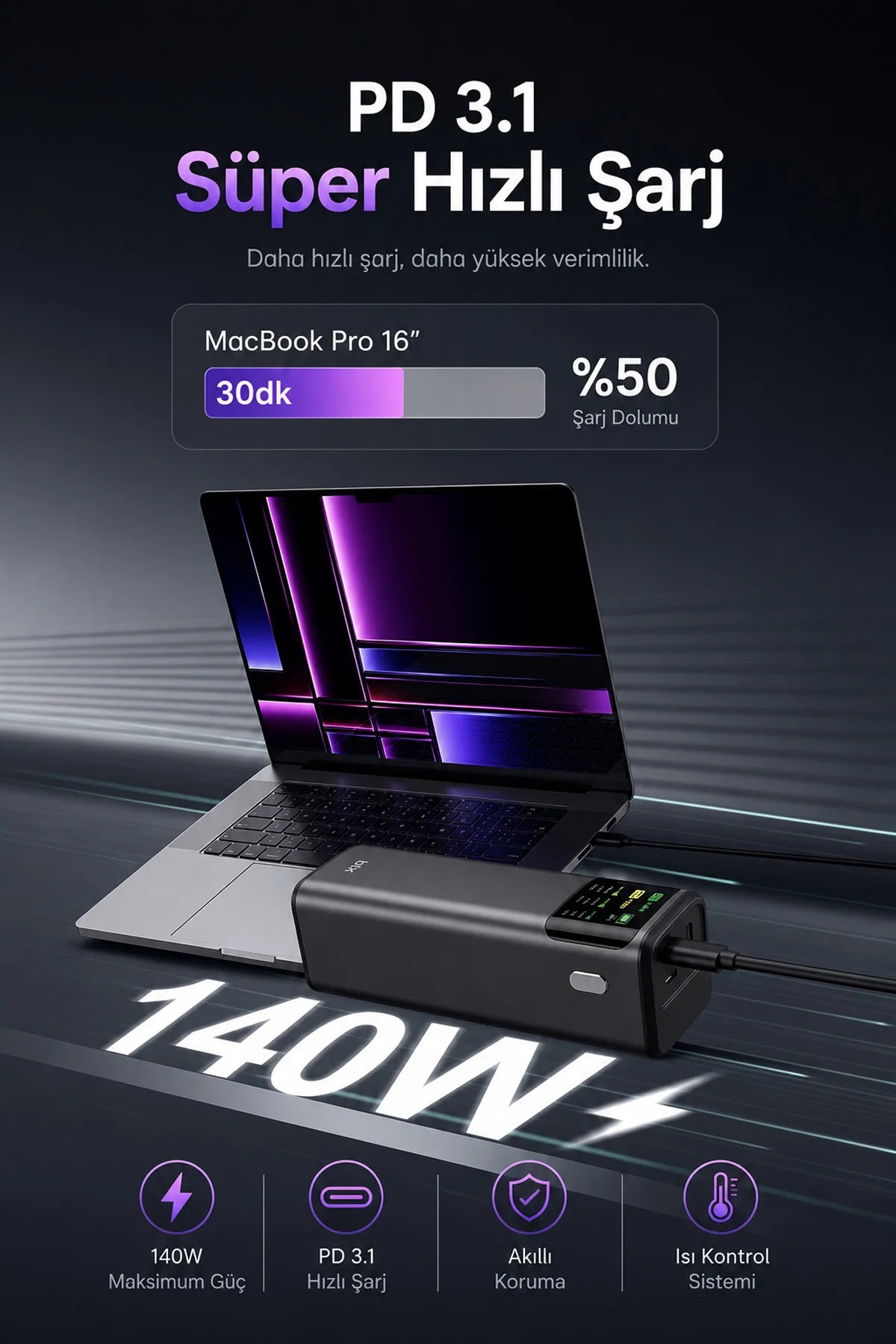 24000mAh 200W Powerbank 140W USB-C Çıkış Dijital Ekran 3 Port Laptop Telefon Taşınabilir Şarj Cihazı