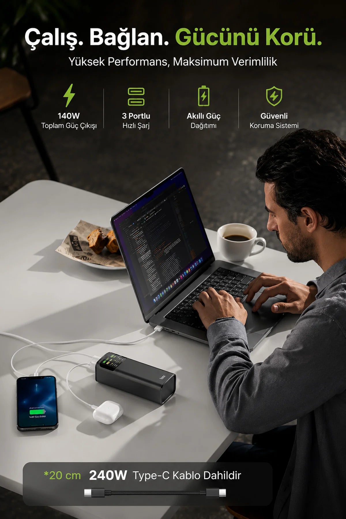 24000mAh 200W Powerbank 140W USB-C Çıkış Dijital Ekran 3 Port Laptop Telefon Taşınabilir Şarj Cihazı