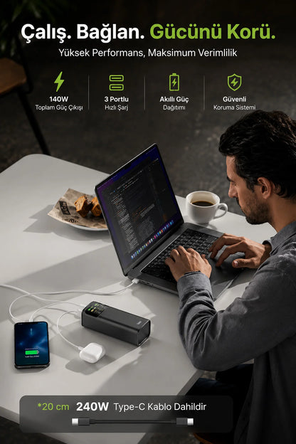 24000mAh 200W Powerbank 140W USB-C Çıkış Dijital Ekran 3 Port Laptop Telefon Taşınabilir Şarj Cihazı