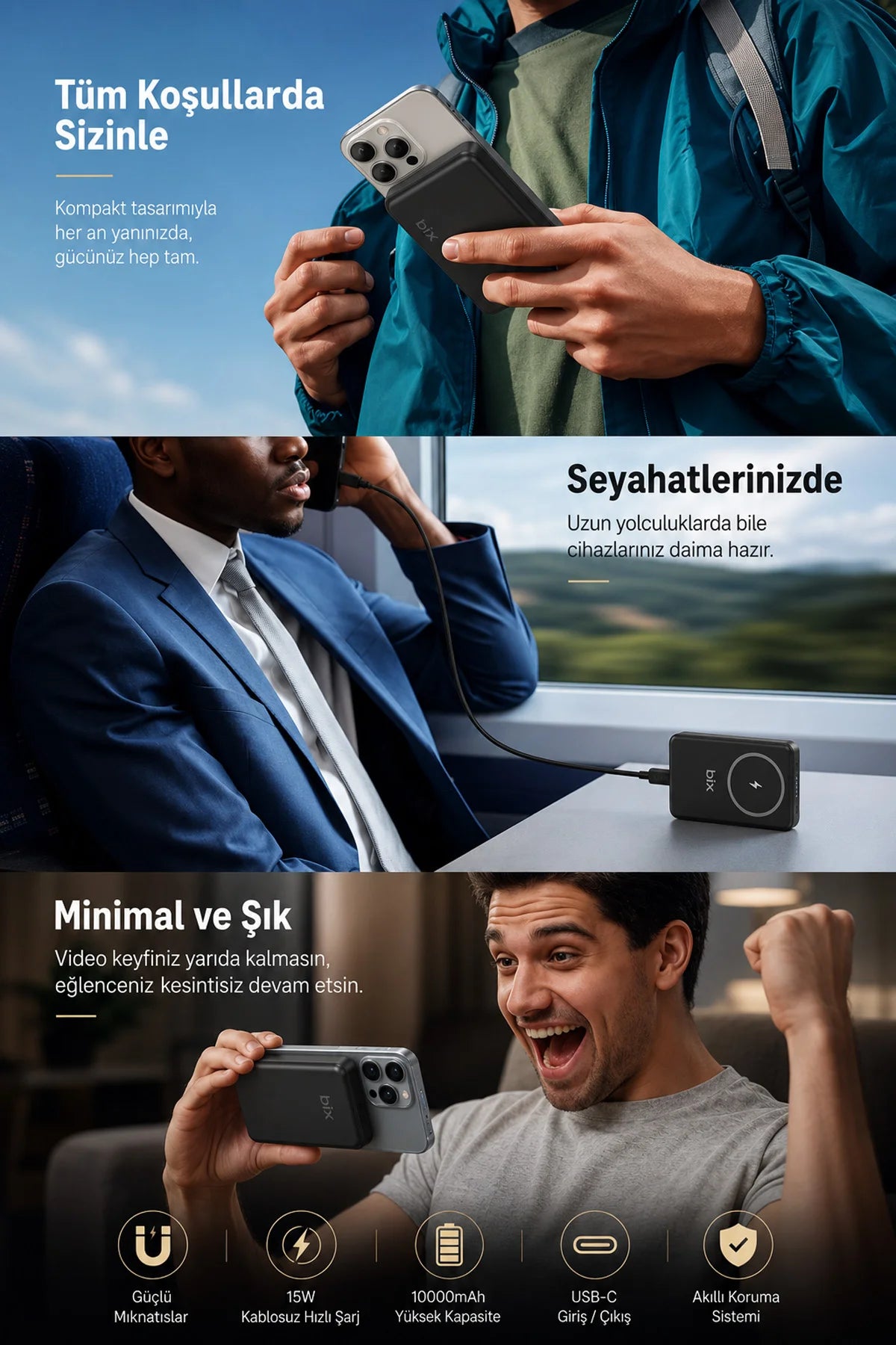 iPhone ile Uyumlu Magsafe Powerbank Kablosuz 15W Hızlı Şarj 20W USB-C Hızlı Şarj Qi